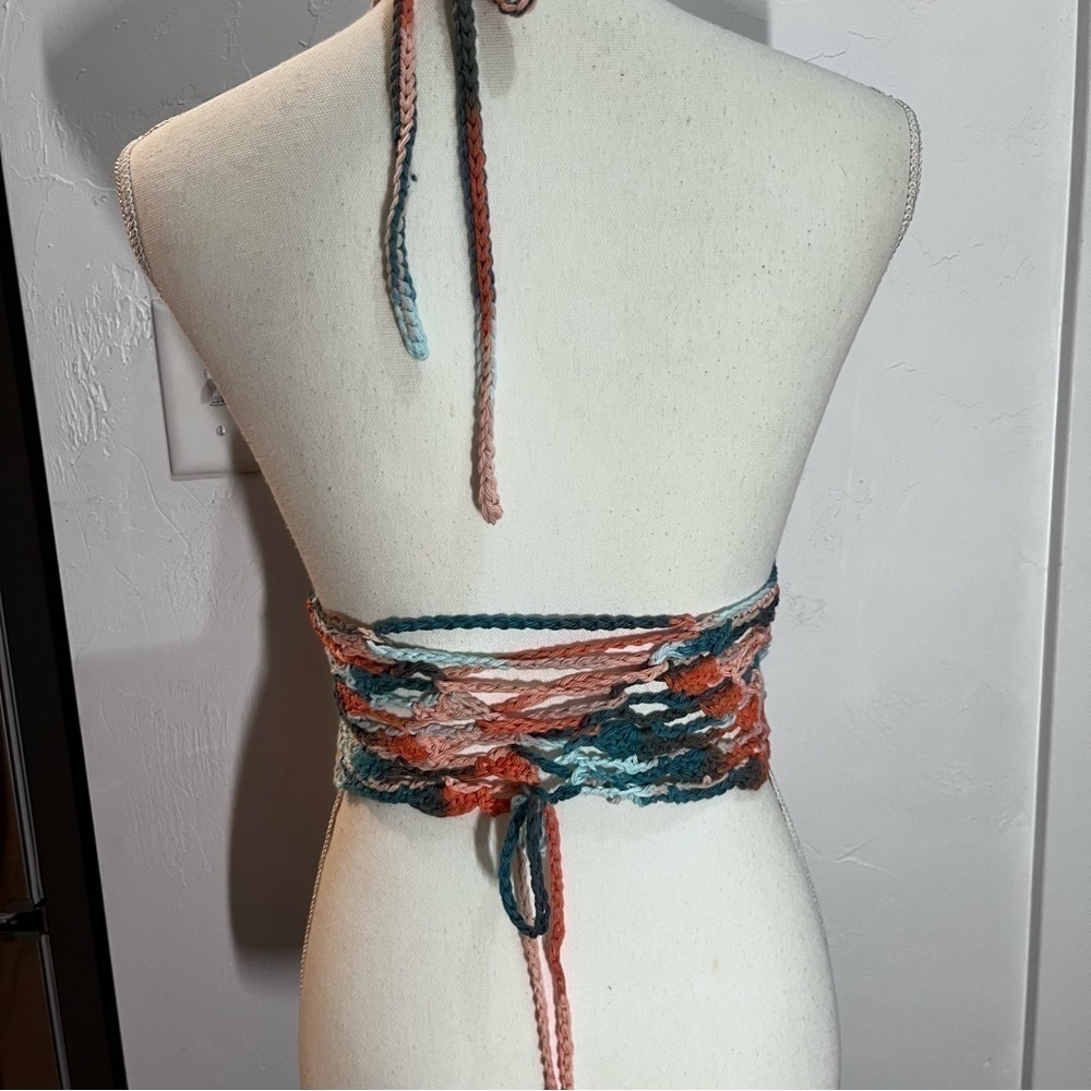 Boho Multi Colored Crochet Halter Top Lace Up Open Back - Picture 3 of 8